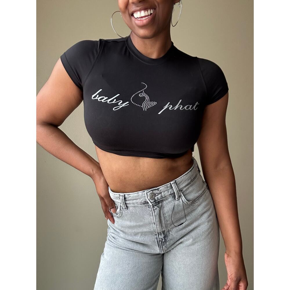 Baby Phat Logo Rhinestone Black Y2K Style Crop Top Size Medium
